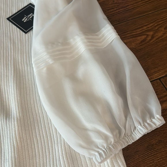 Ryan wylde white ribbed blouse sheer puff sleeves crew neck plus Sz stretchy 3X - Picture 2 of 6